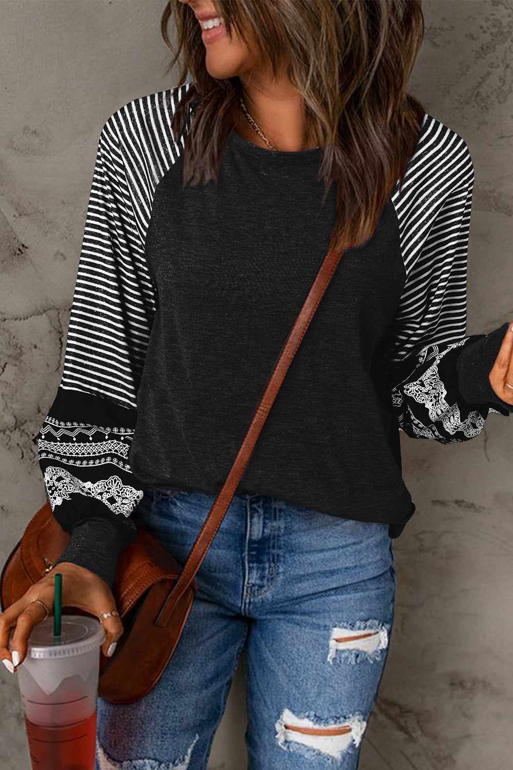 Mineral Red Contrast Print Striped Raglan Long Sleeve Loose Top
