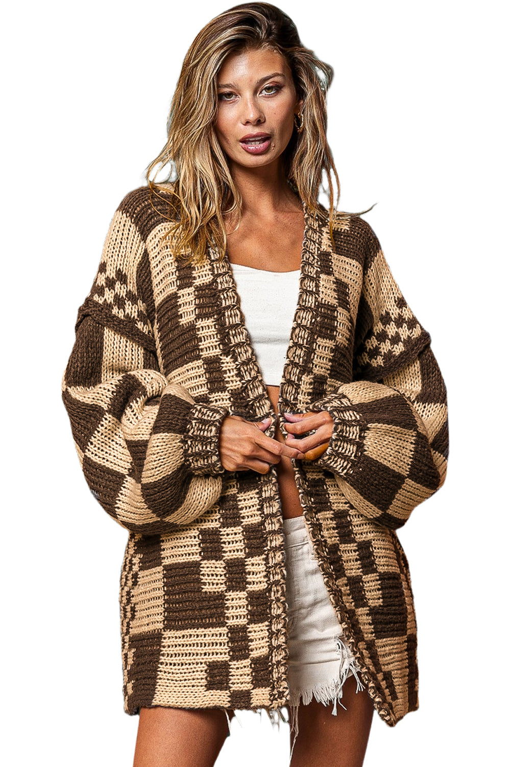 Smoke Gray Colorblock Checked Open Front Knitted Cardigan