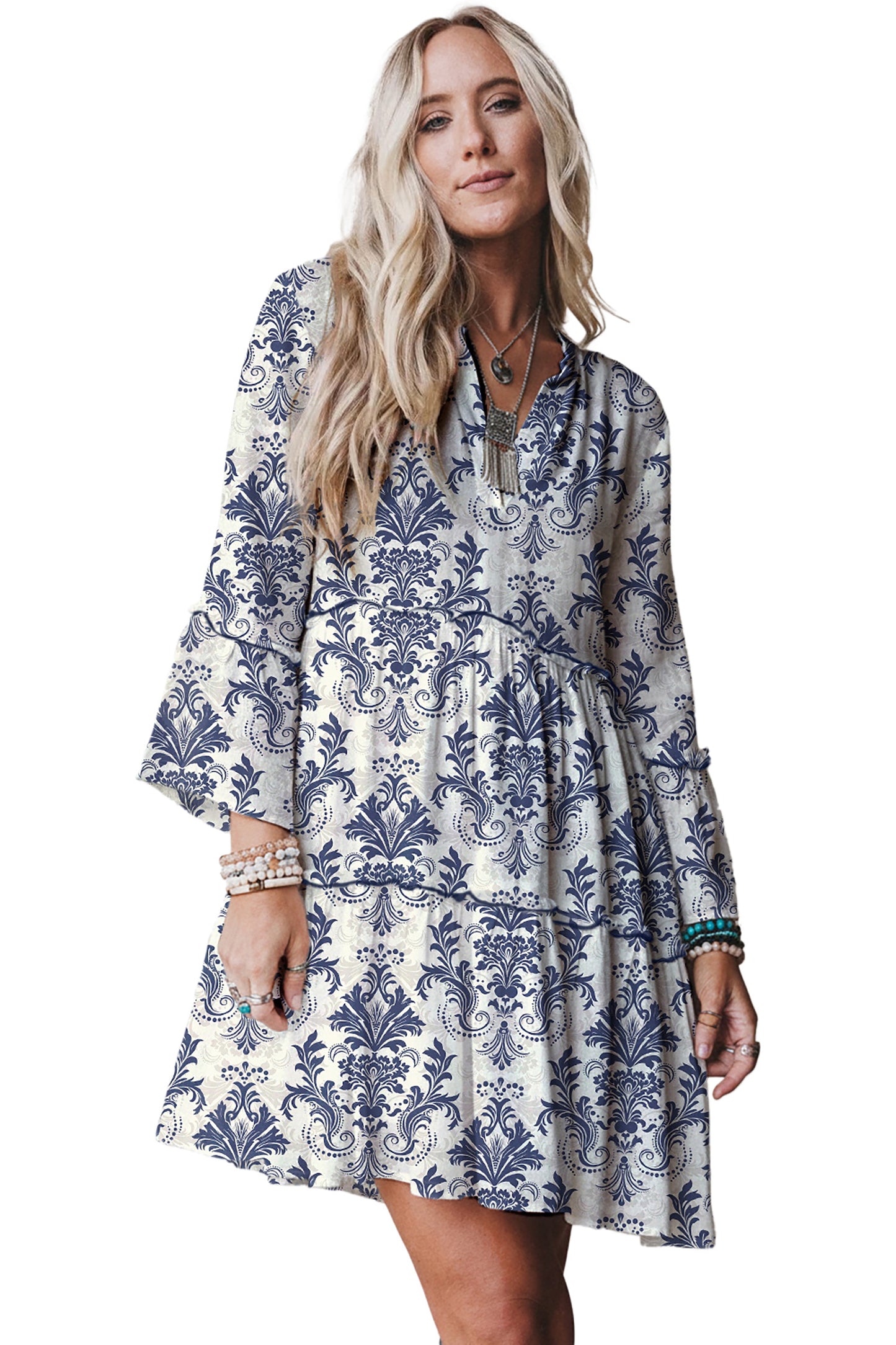 Blue Boho Floral Print Lettuce Trim 3/4 Sleeve Mini Dress