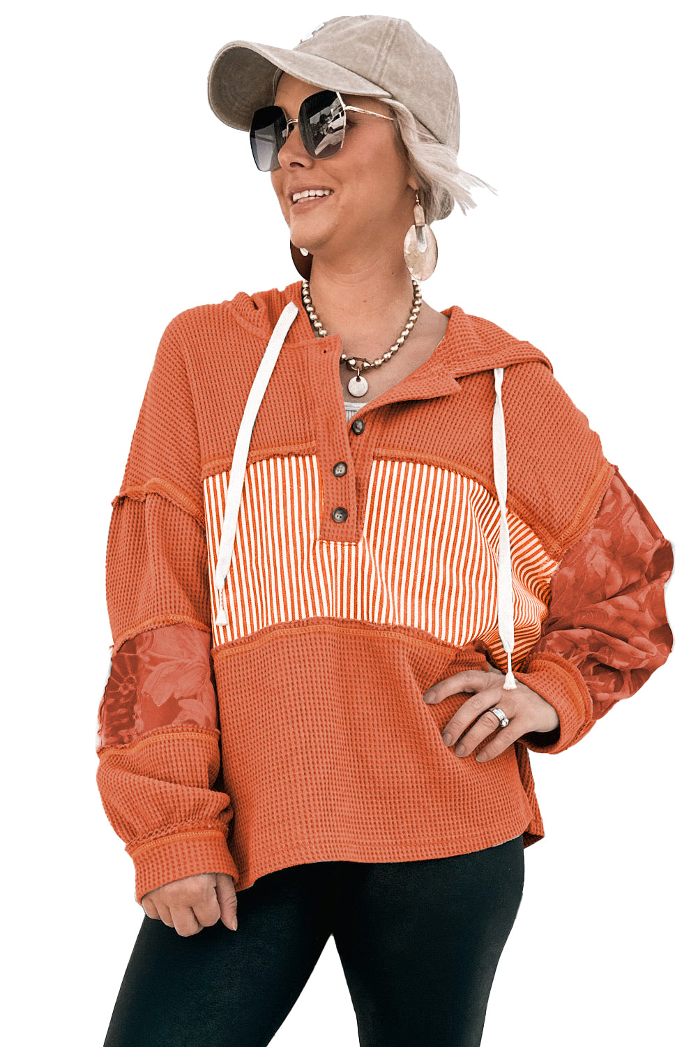 Gray Waffle Patchwork Drawstring Hooded Long Sleeve Top