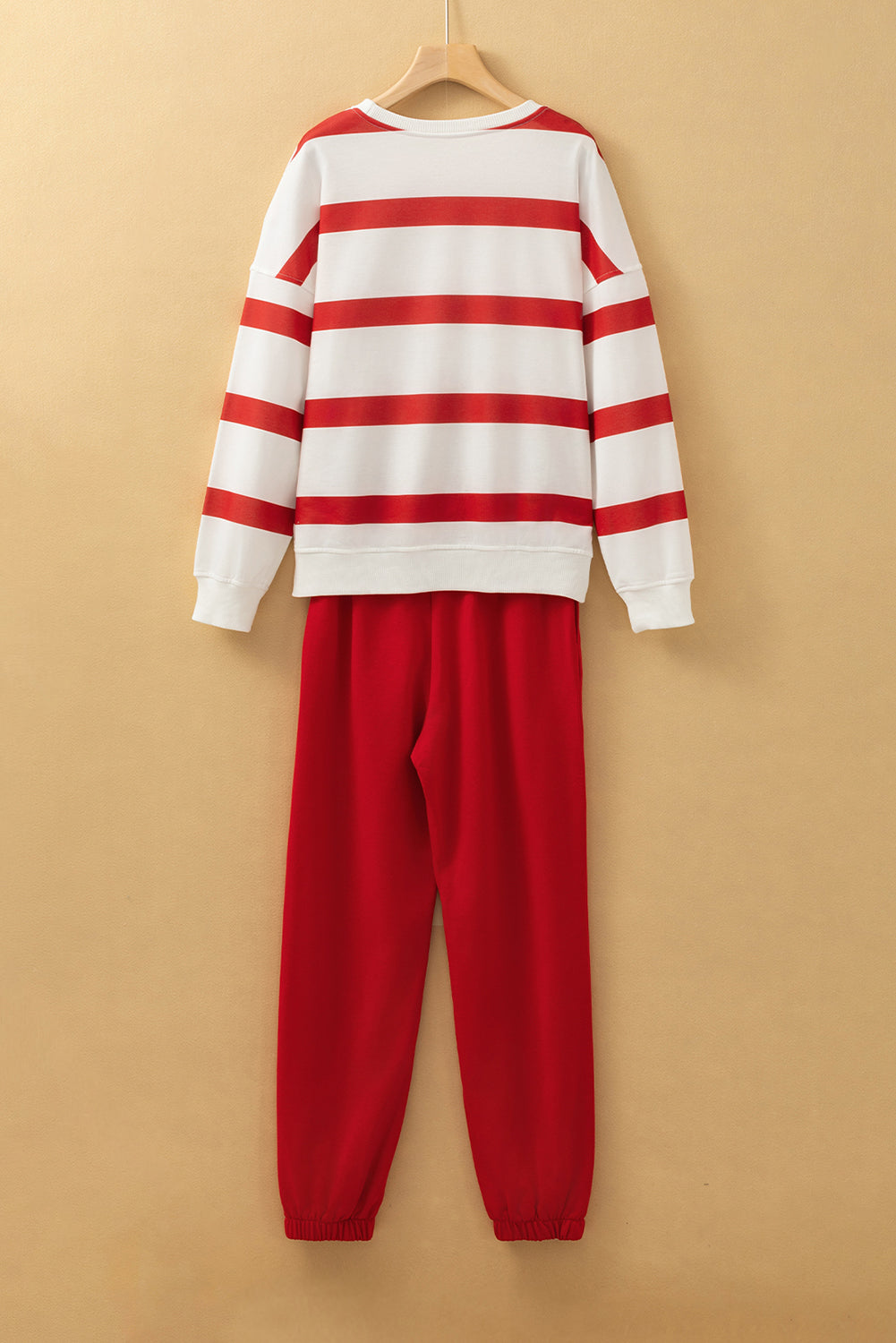 Light French Beige Striped Drop Shoulder Pullover and Joggers Set