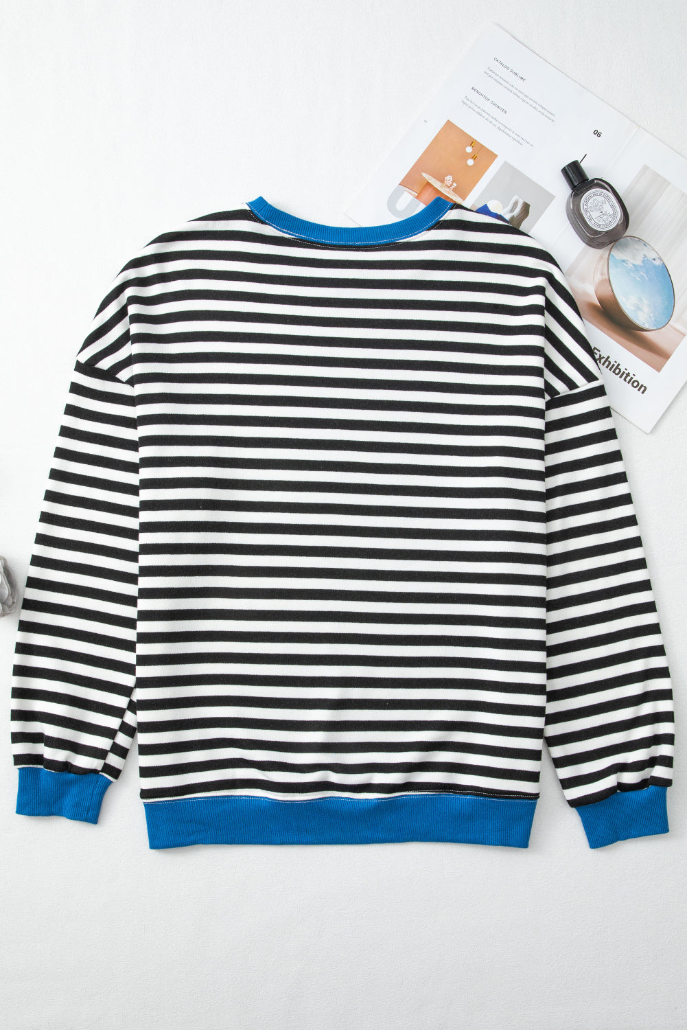 Blue Striped Contrast Trim Drop Shoulder Sweatshirt