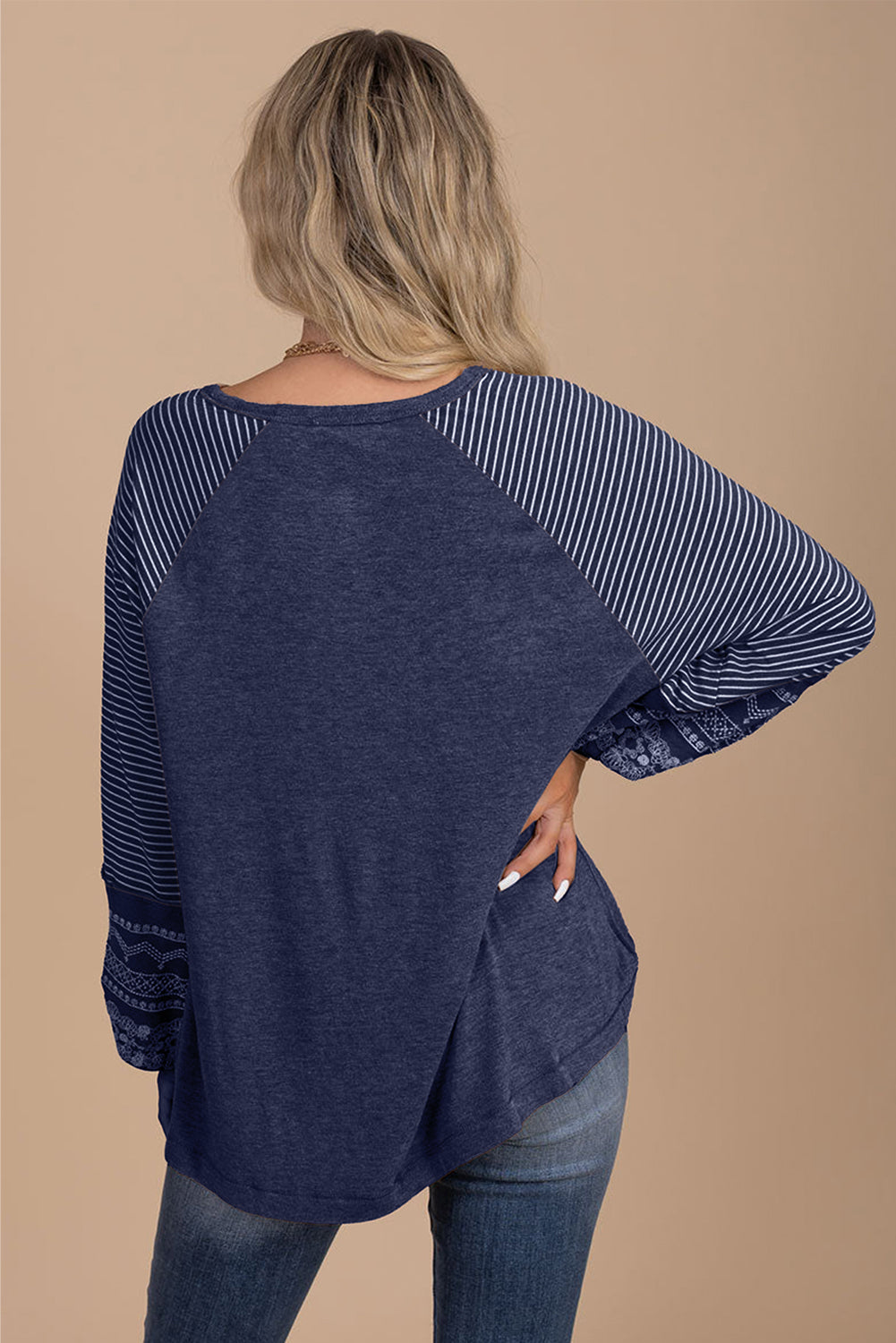 Mineral Red Contrast Print Striped Raglan Long Sleeve Loose Top