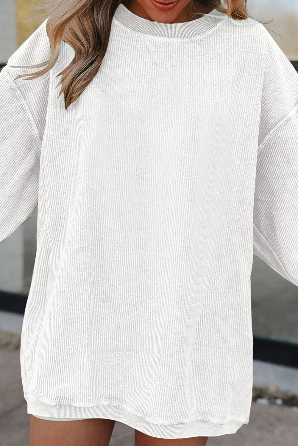 Smoke Gray Plain Drop Sleeve Crinkle Rib Oversized Sweatshirt