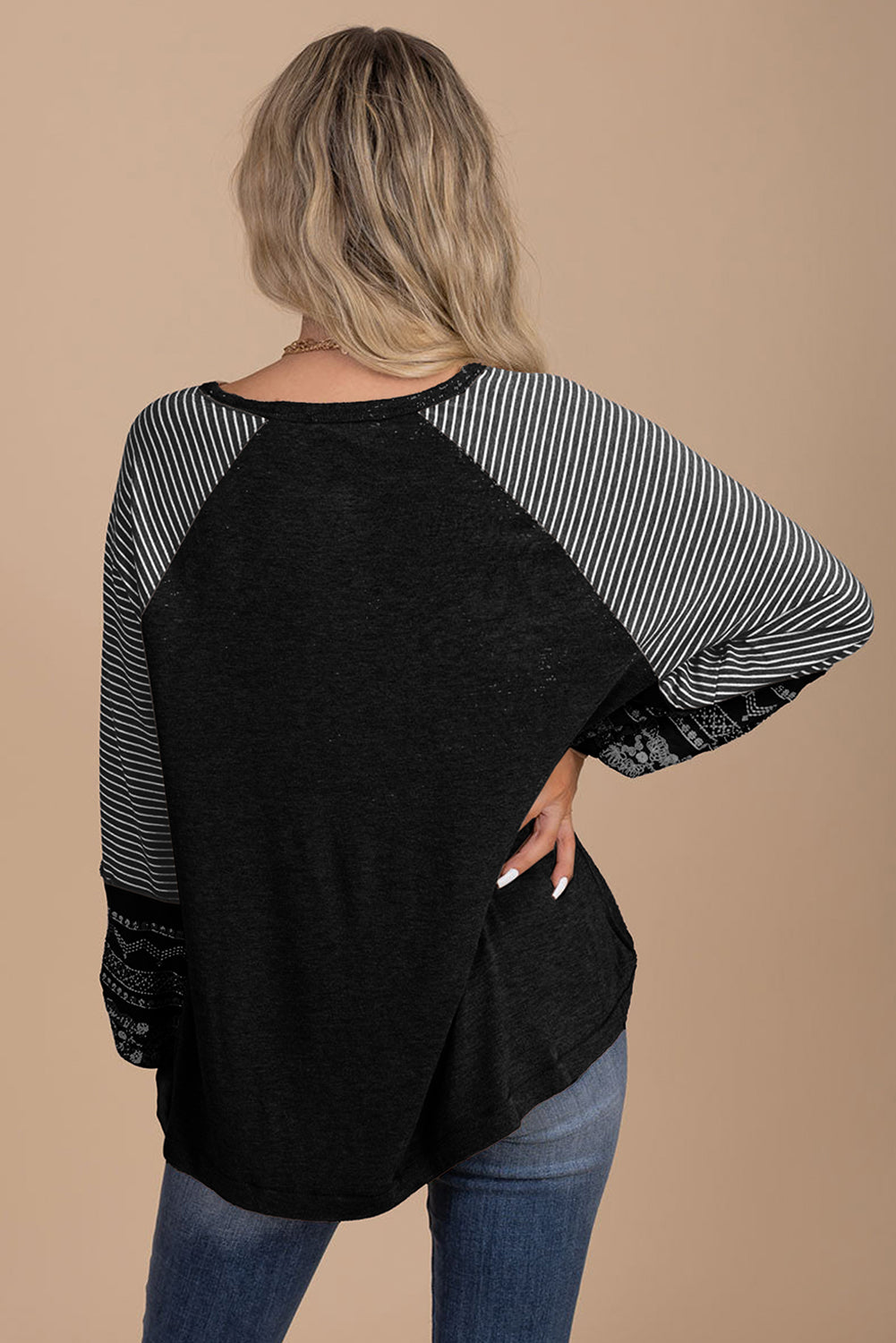Mineral Red Contrast Print Striped Raglan Long Sleeve Loose Top