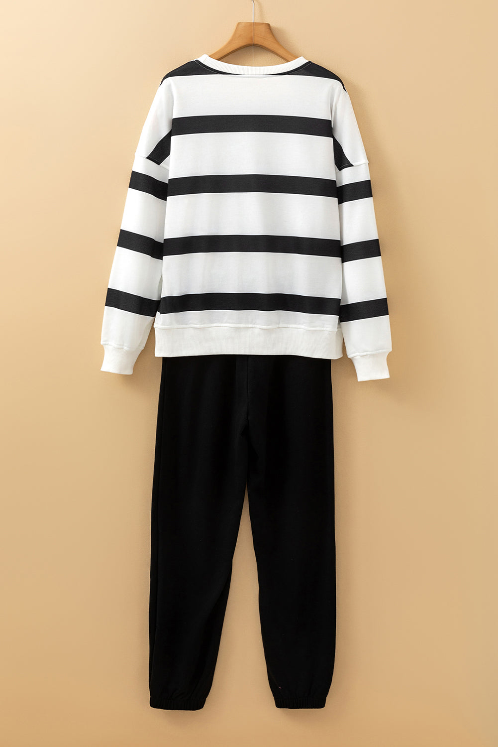 Light French Beige Striped Drop Shoulder Pullover and Joggers Set