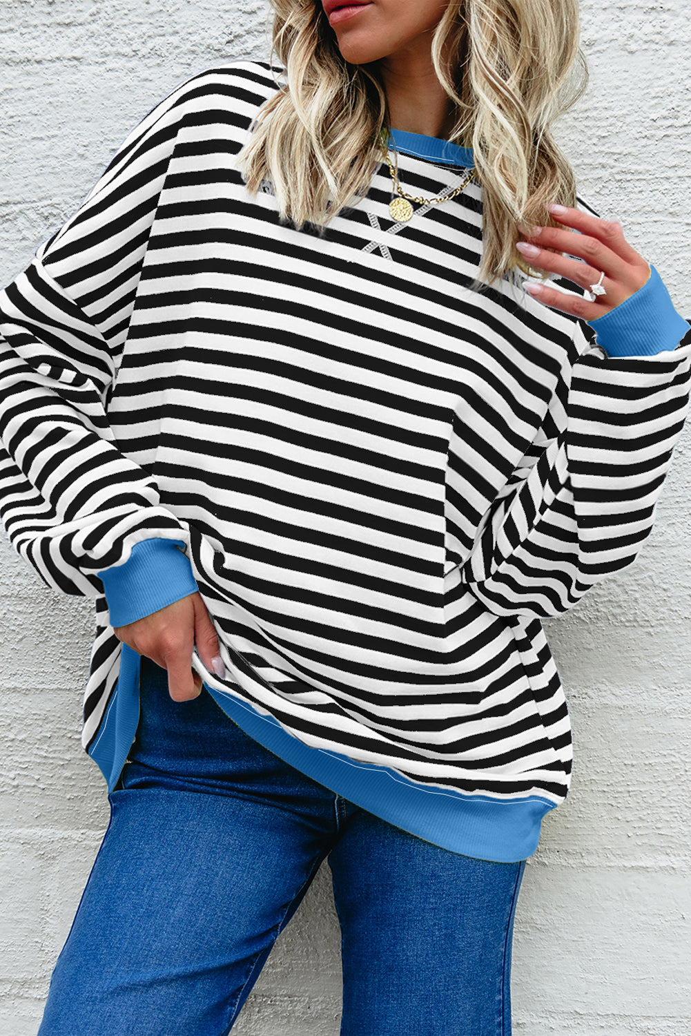 Blue Striped Contrast Trim Drop Shoulder Sweatshirt