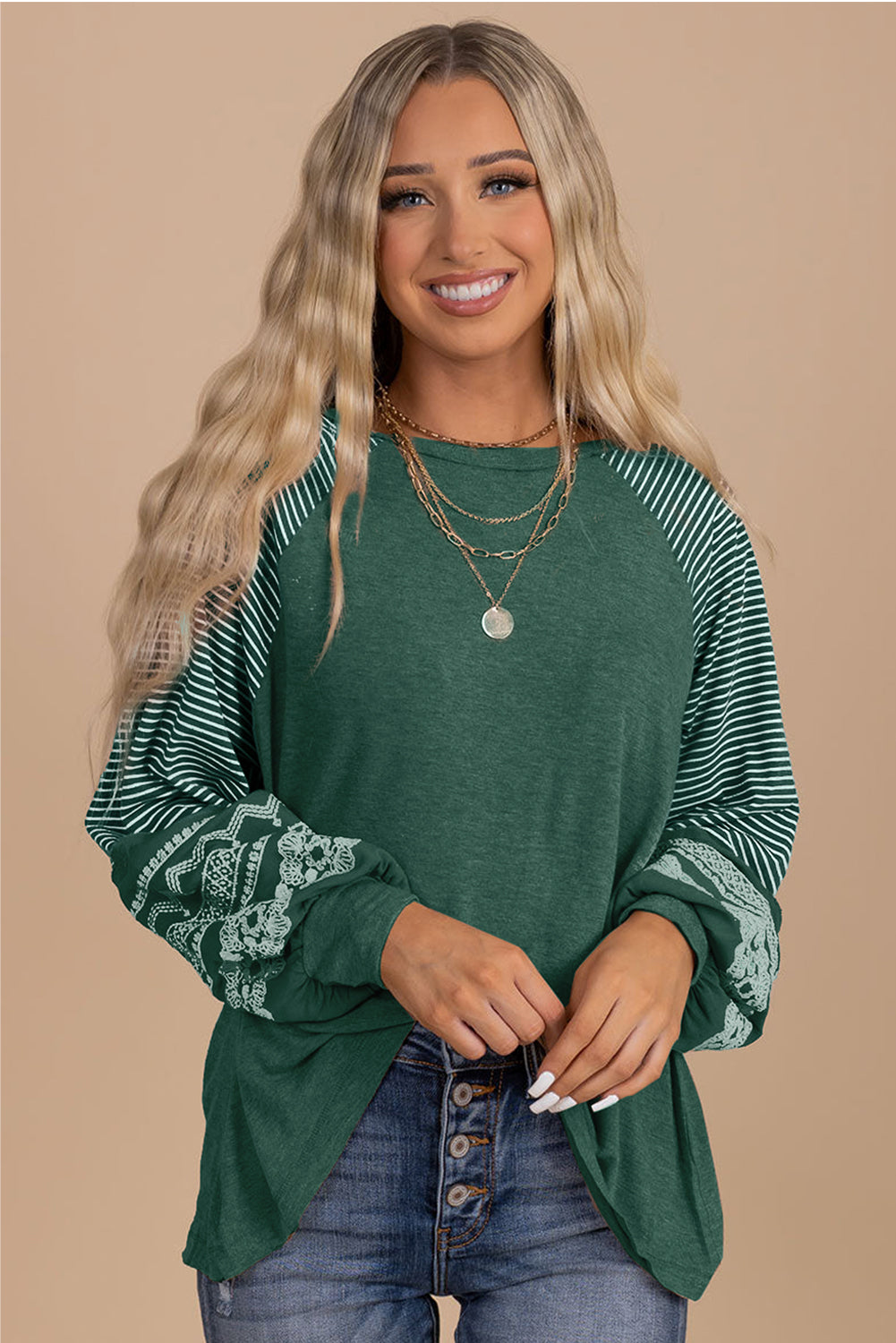 Mineral Red Contrast Print Striped Raglan Long Sleeve Loose Top