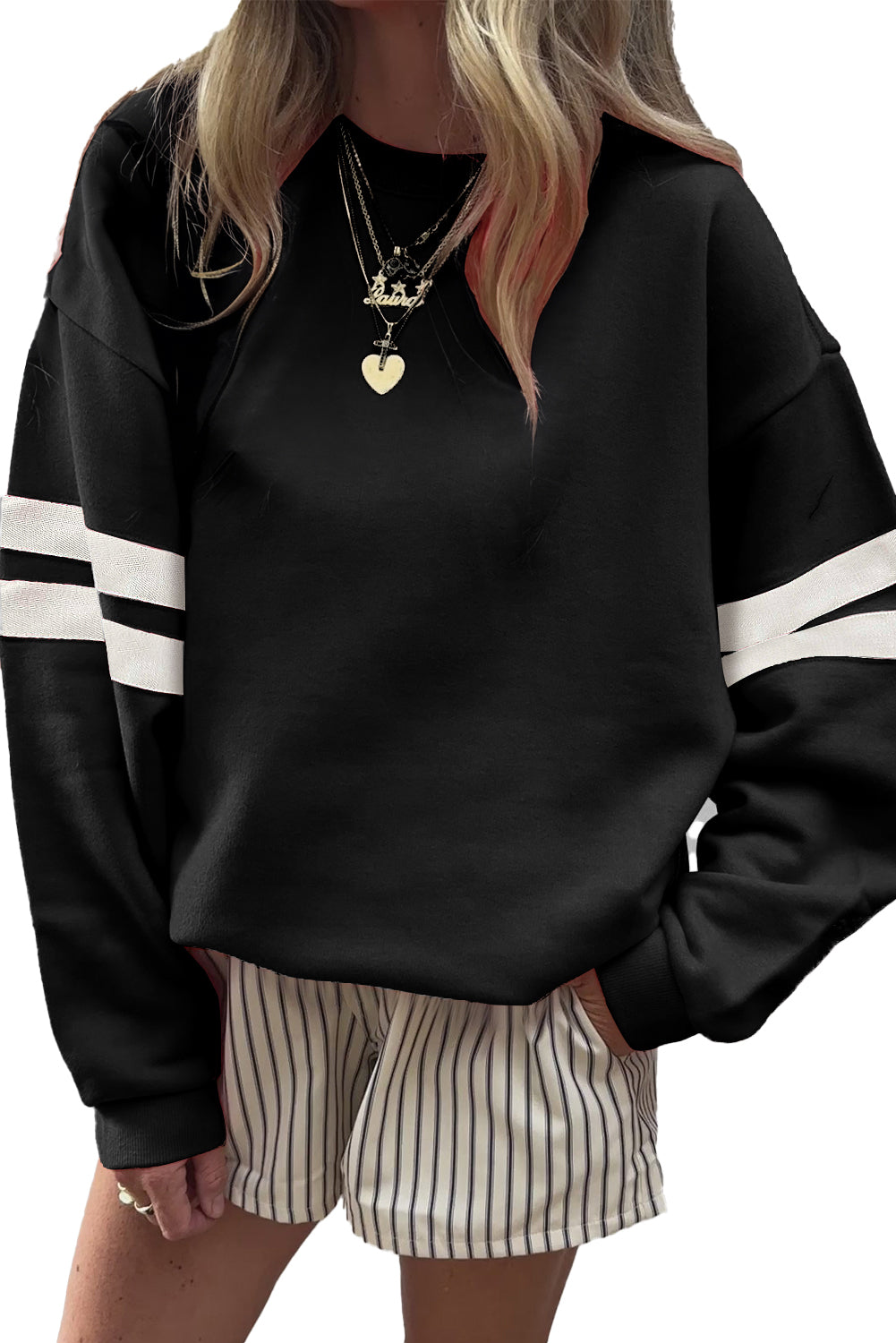 Orange Preppy Striped Sleeve Loose Sweatshirt