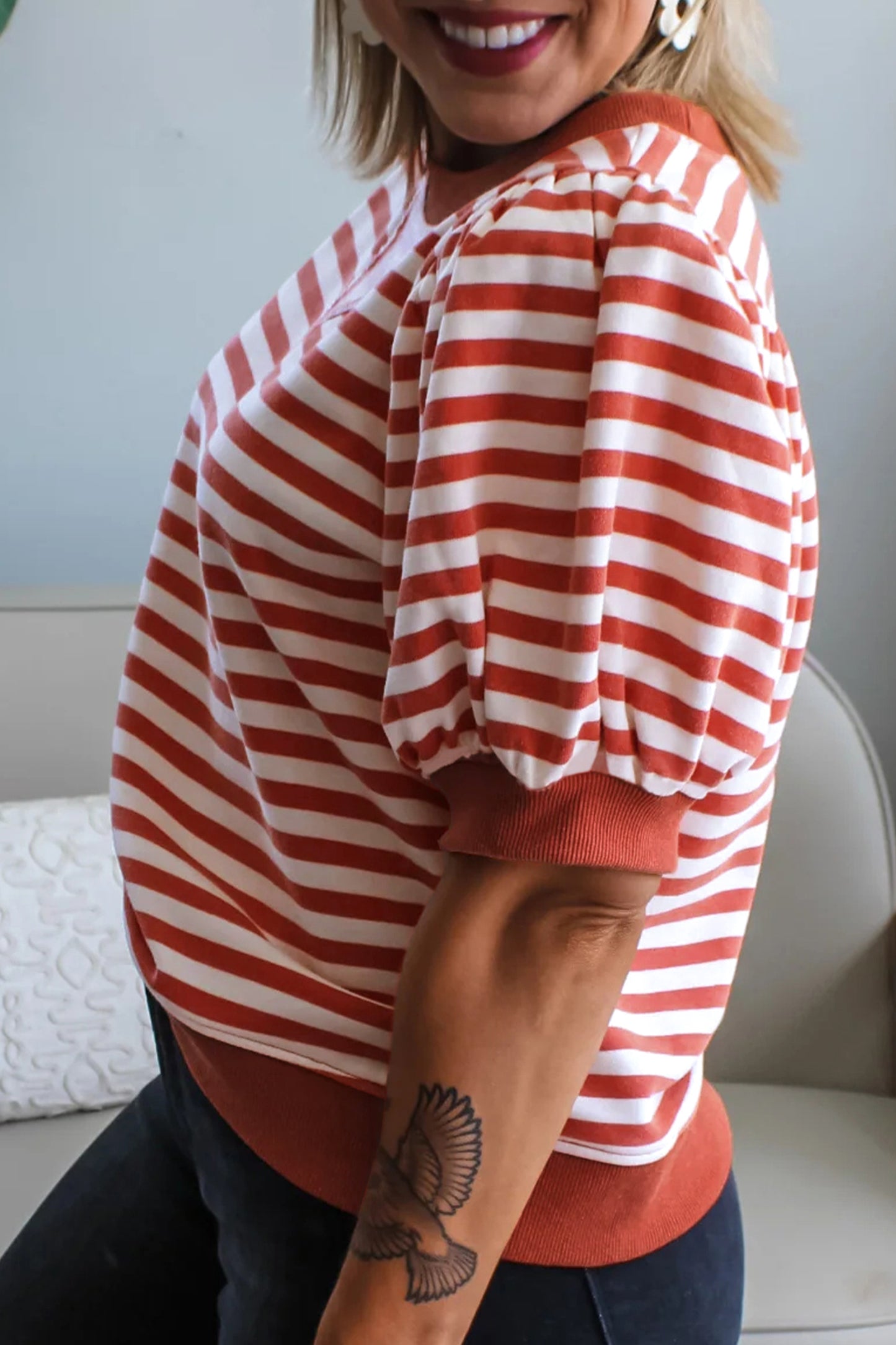 Sky Blue Stripe Short Bubble Sleeve T Shirt