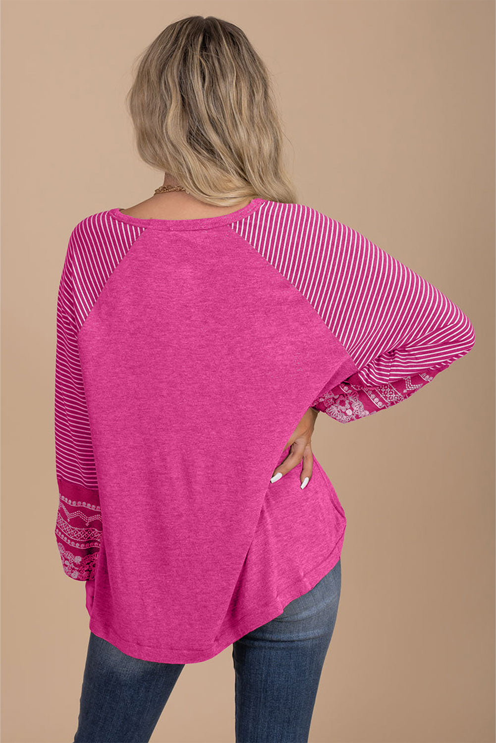 Mineral Red Contrast Print Striped Raglan Long Sleeve Loose Top