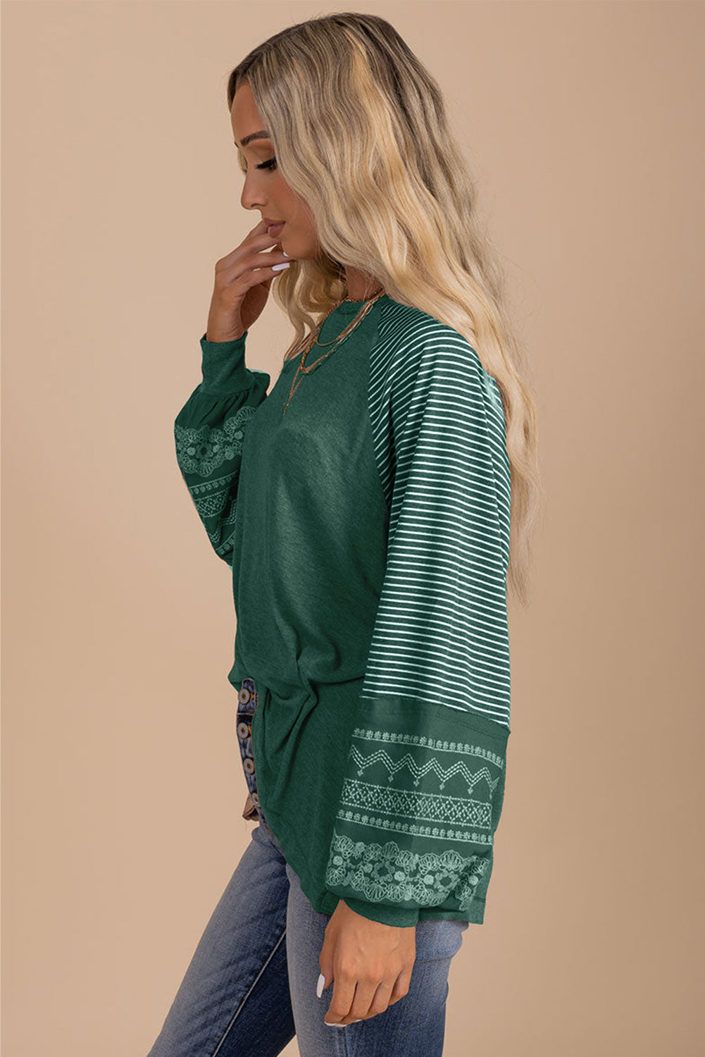 Mineral Red Contrast Print Striped Raglan Long Sleeve Loose Top