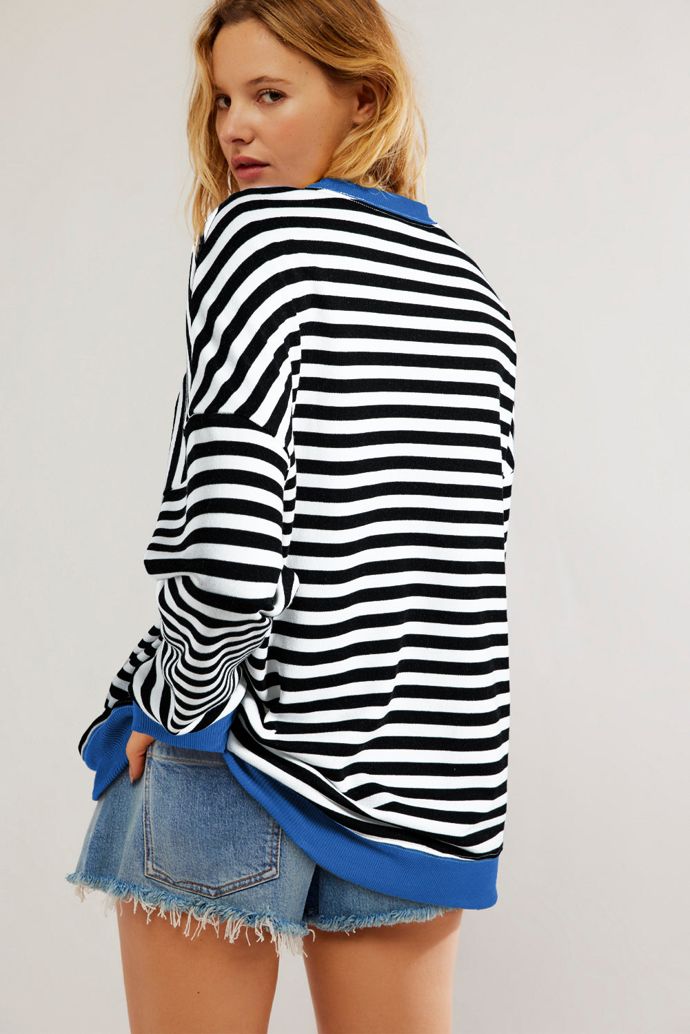 Blue Striped Contrast Trim Drop Shoulder Sweatshirt