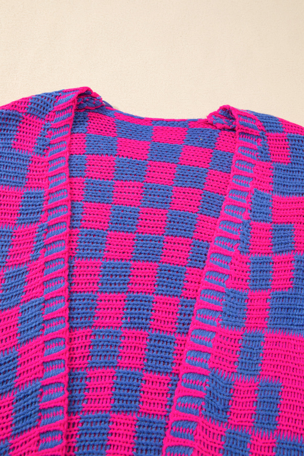 Smoke Gray Colorblock Checked Open Front Knitted Cardigan