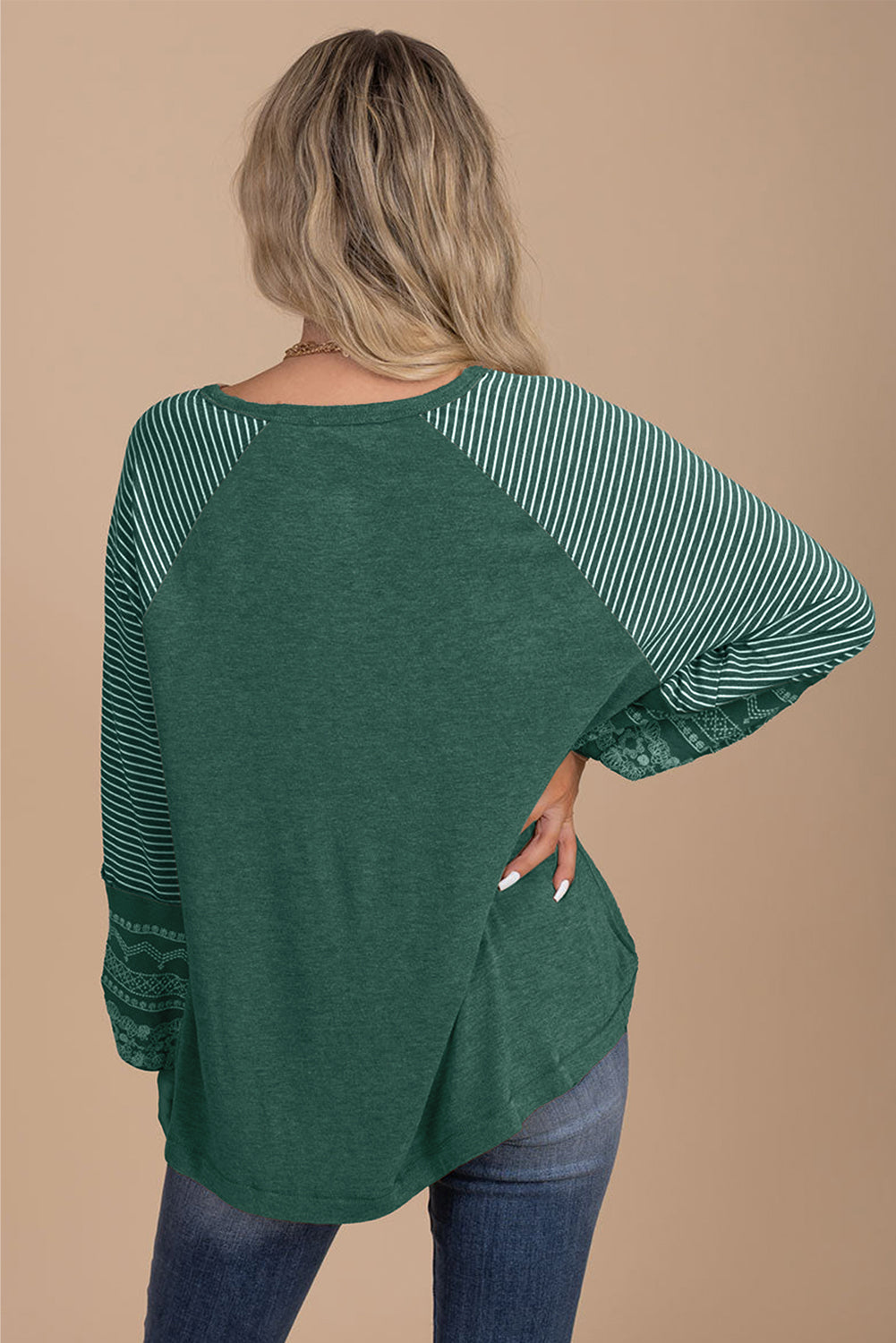 Mineral Red Contrast Print Striped Raglan Long Sleeve Loose Top