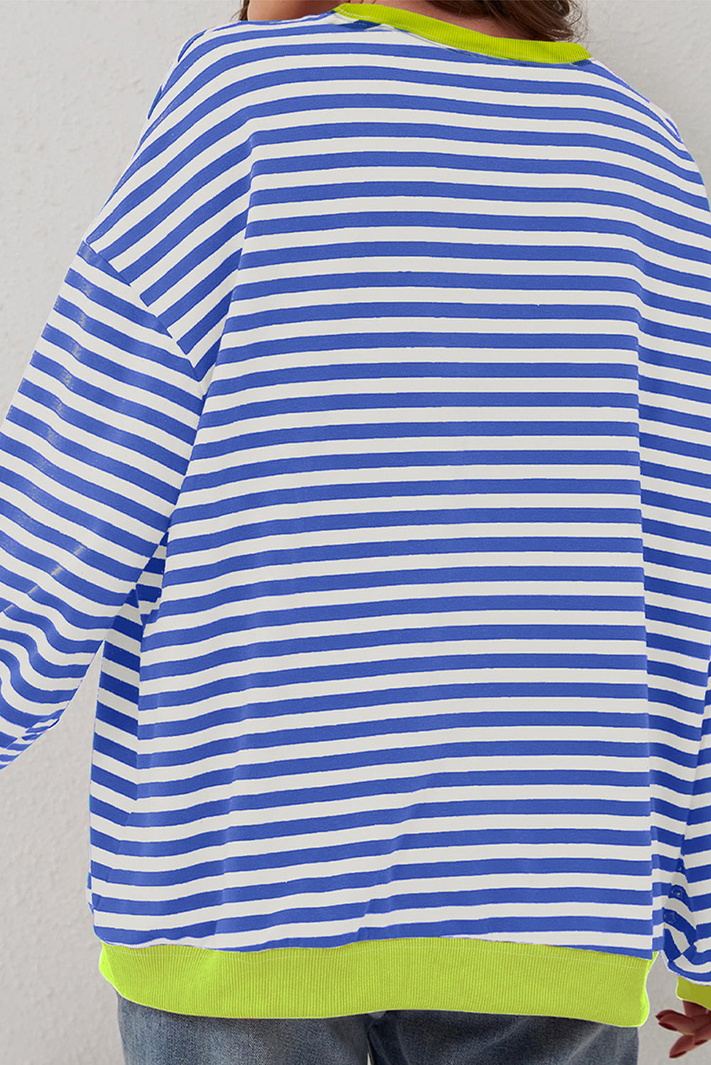 Blue Striped Contrast Trim Drop Shoulder Sweatshirt