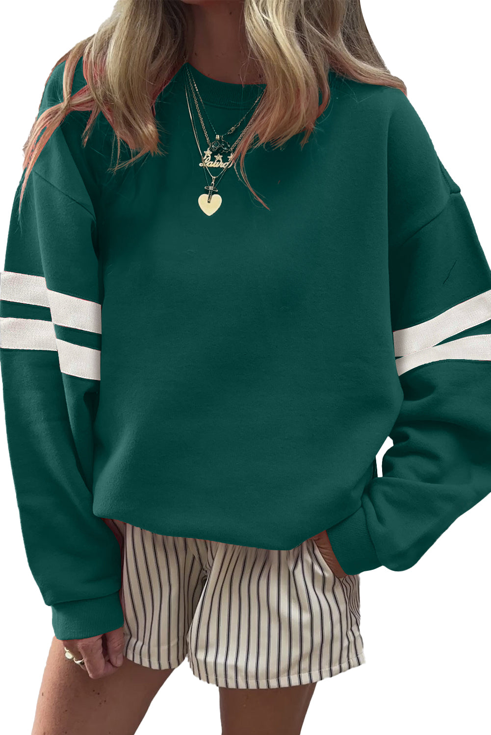 Orange Preppy Striped Sleeve Loose Sweatshirt