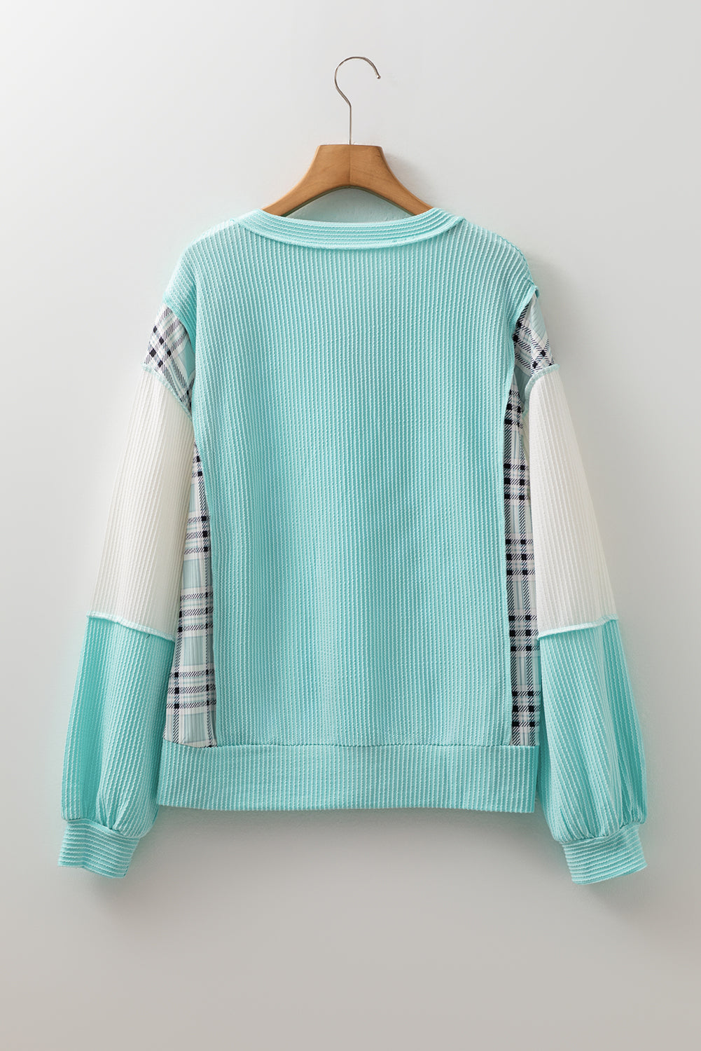 Aruba Blue Corded Texture Plaid Patchwork Split Neck Long Sleeve Top