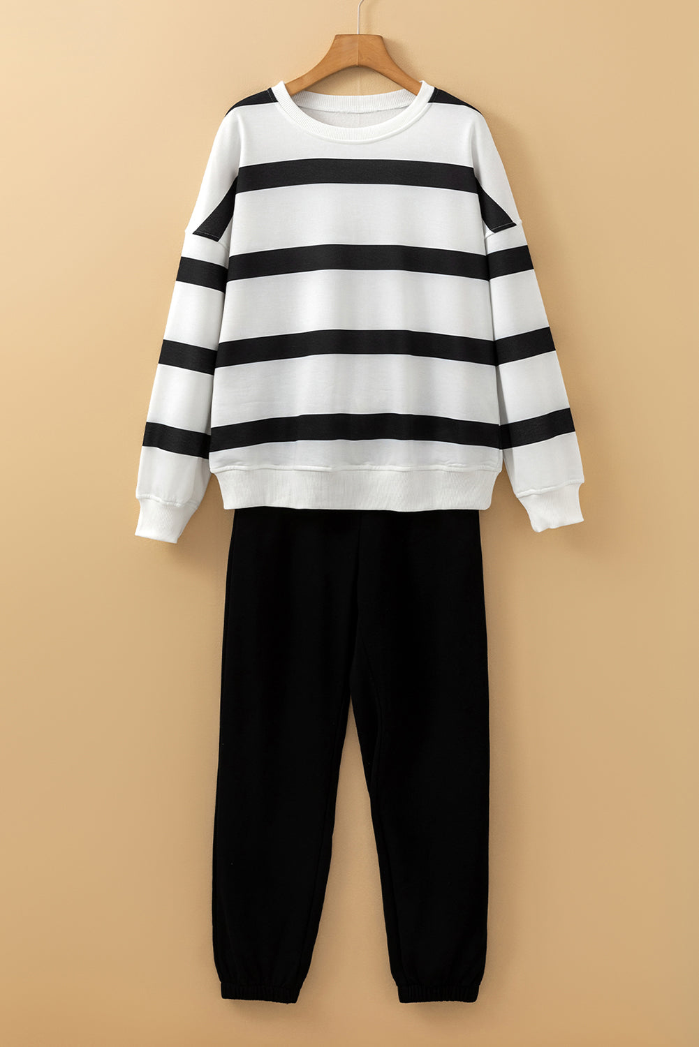 Light French Beige Striped Drop Shoulder Pullover and Joggers Set
