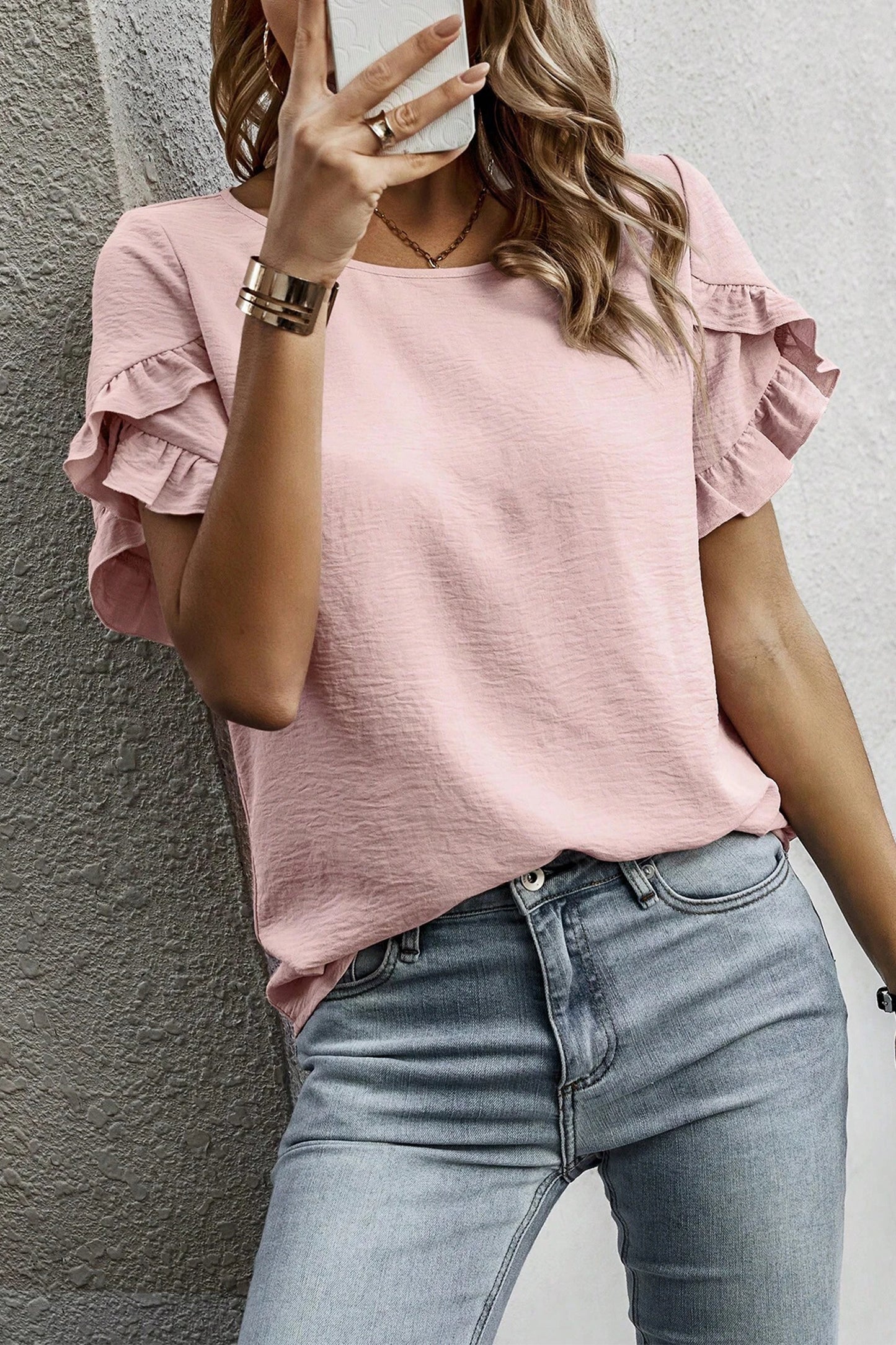 Sea Green Solid Color Ruffle Trim Short Sleeve Blouse