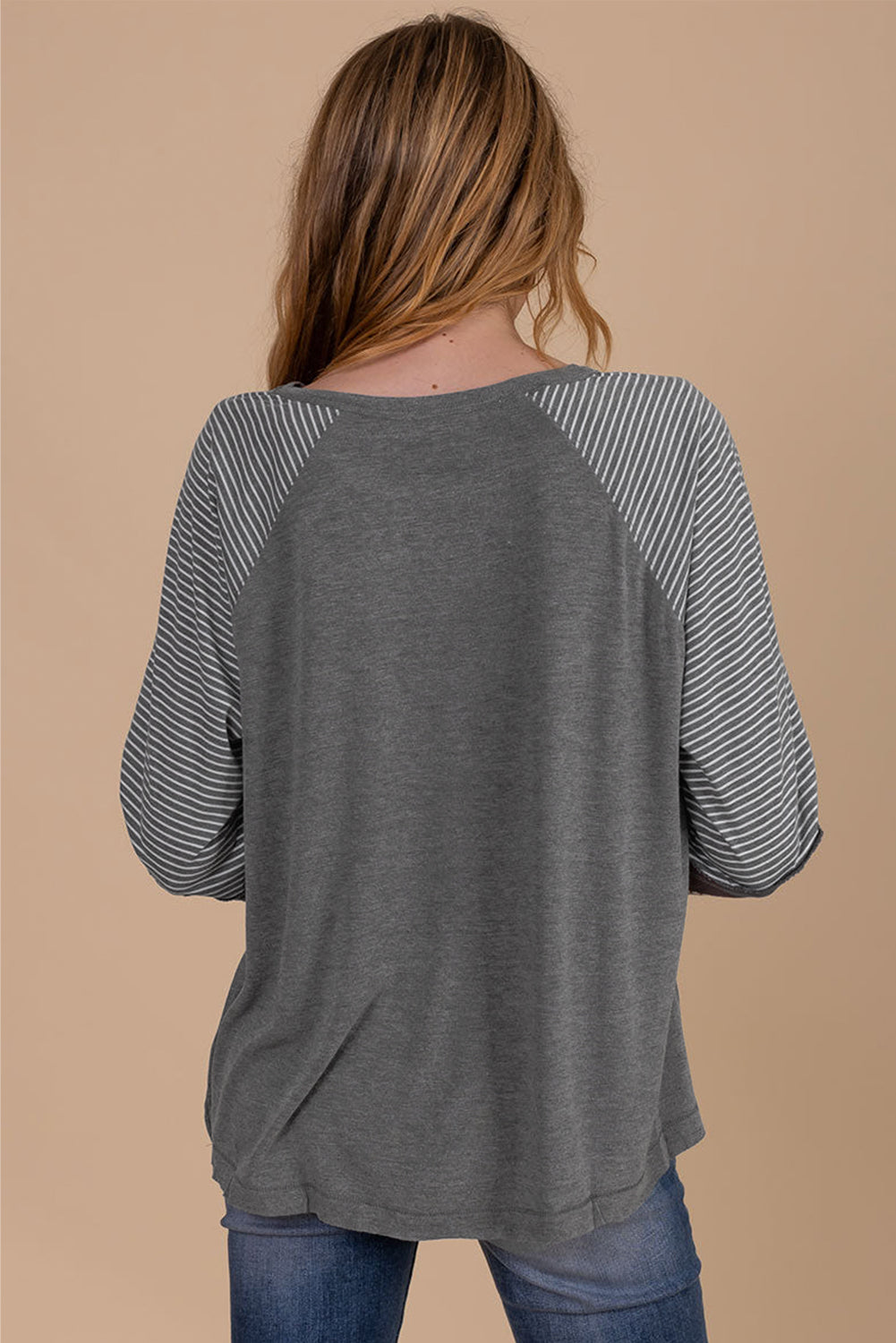 Mineral Red Contrast Print Striped Raglan Long Sleeve Loose Top