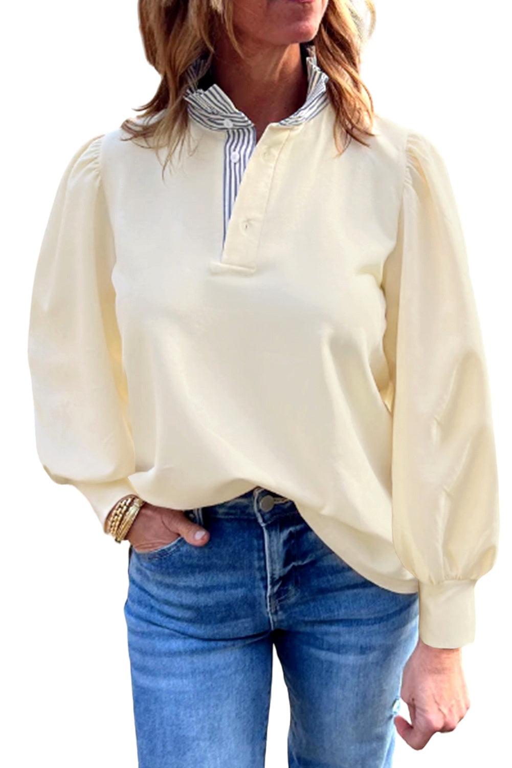 White Striped Ruffle Button Neck Pullover Sweatshirt