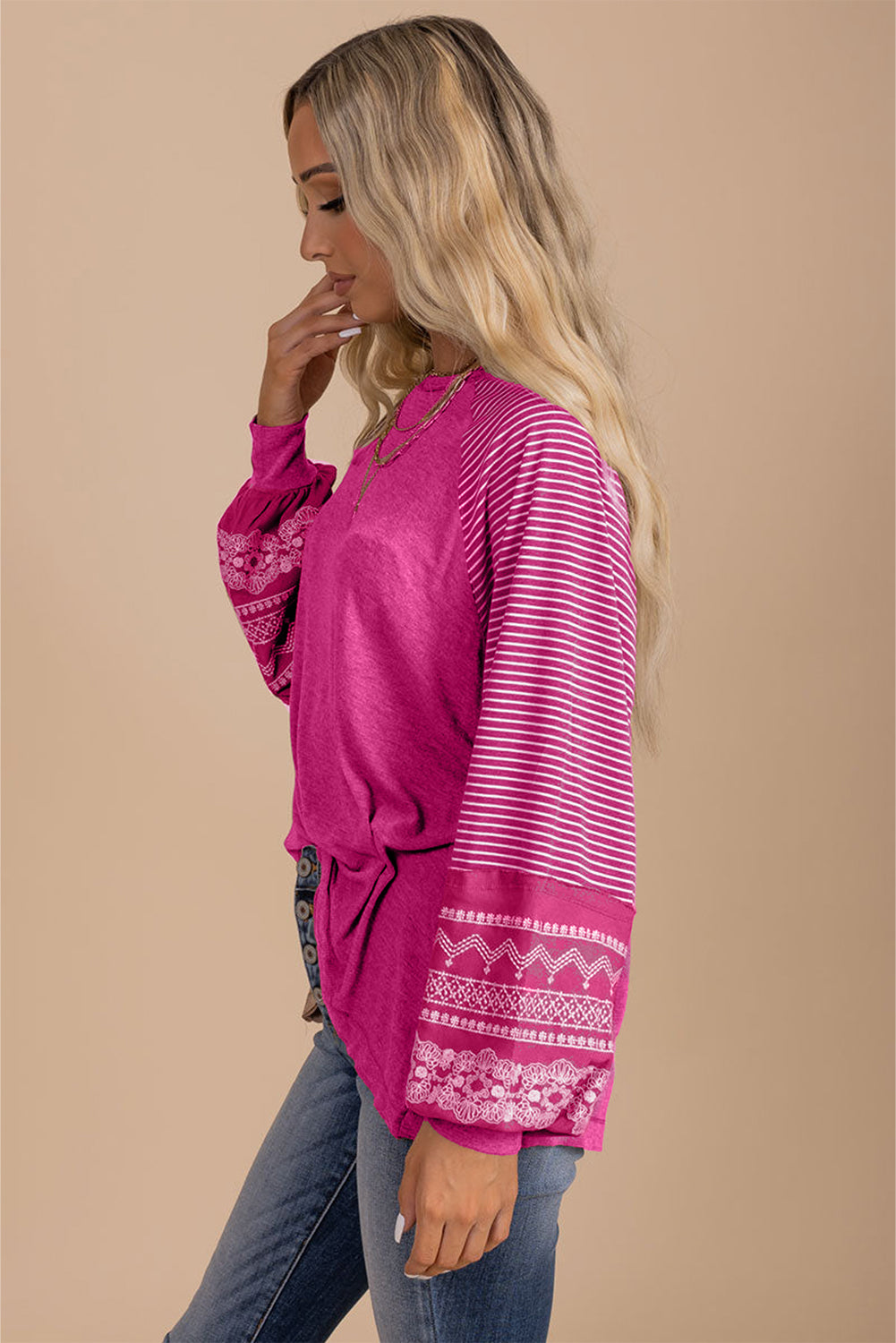 Mineral Red Contrast Print Striped Raglan Long Sleeve Loose Top