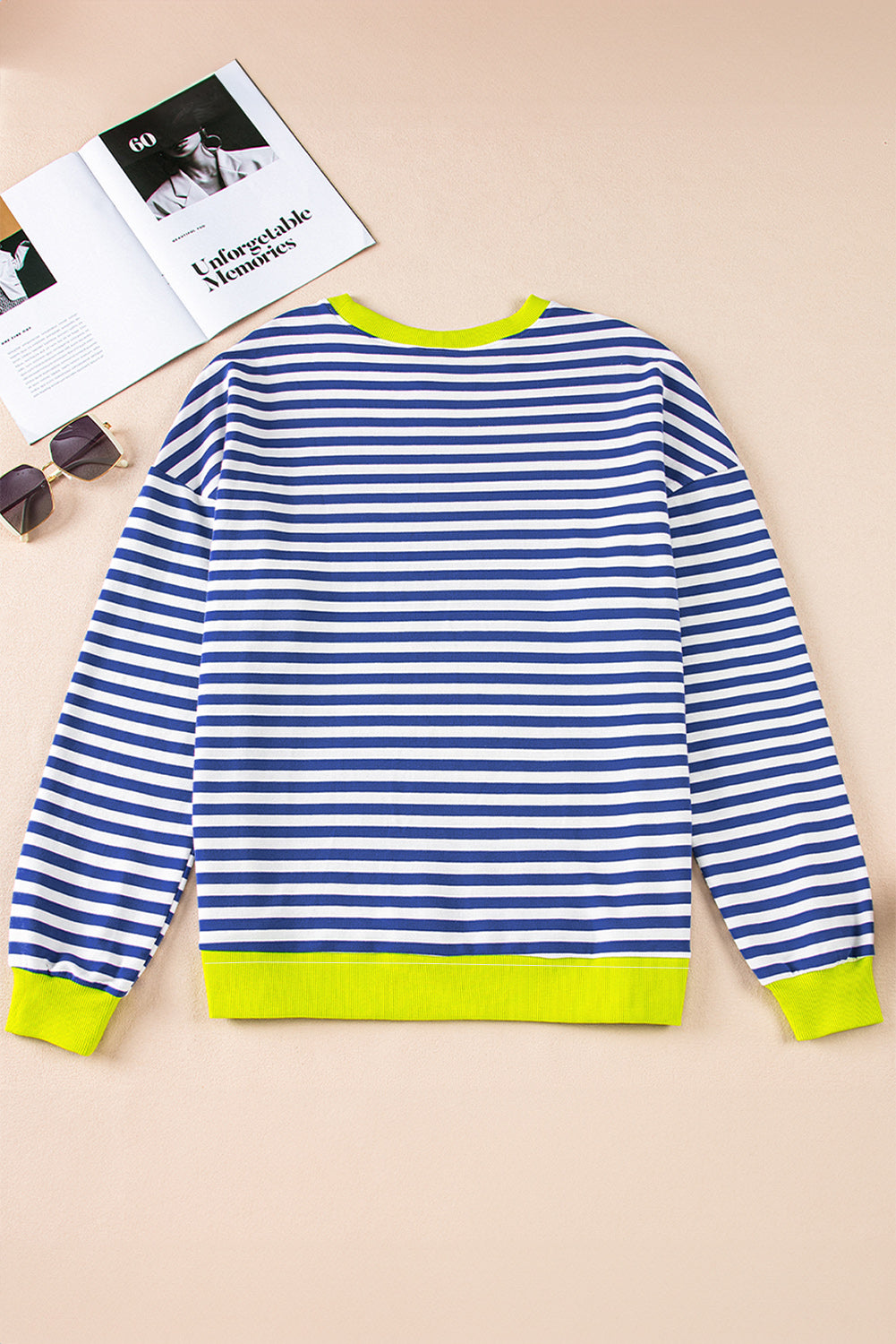 Blue Striped Contrast Trim Drop Shoulder Sweatshirt