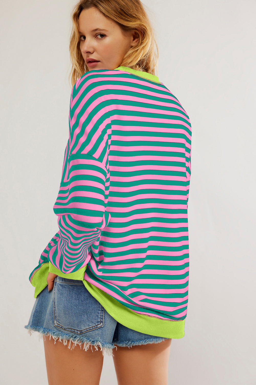 Blue Striped Contrast Trim Drop Shoulder Sweatshirt