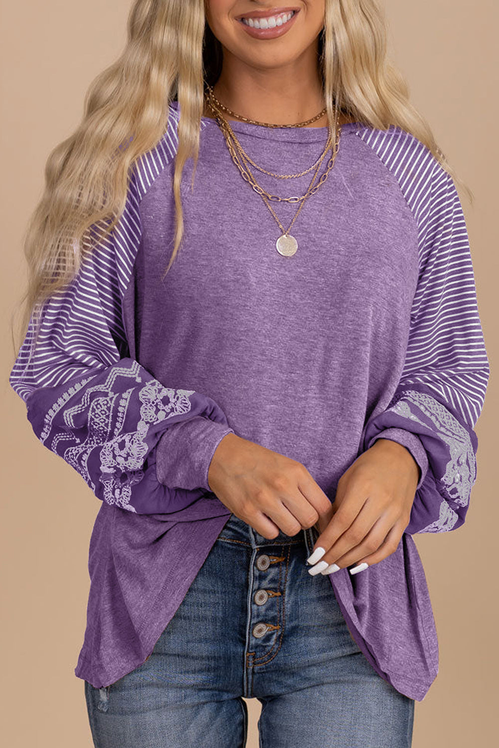 Mineral Red Contrast Print Striped Raglan Long Sleeve Loose Top