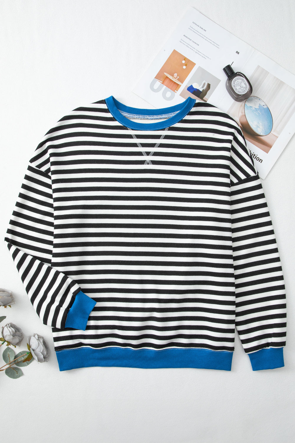 Blue Striped Contrast Trim Drop Shoulder Sweatshirt
