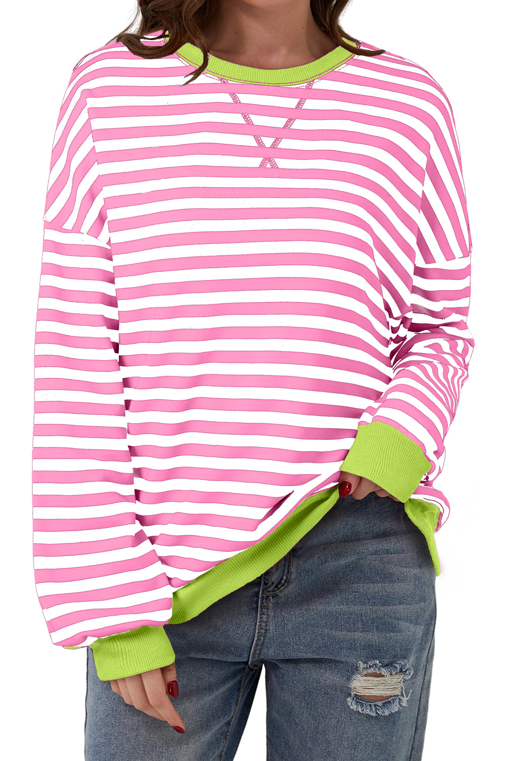 Blue Striped Contrast Trim Drop Shoulder Sweatshirt