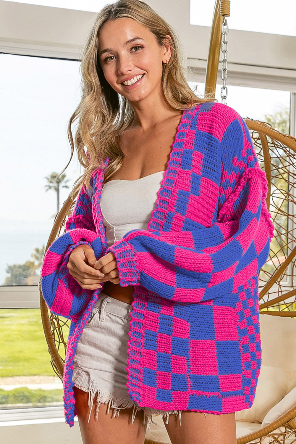 Smoke Gray Colorblock Checked Open Front Knitted Cardigan