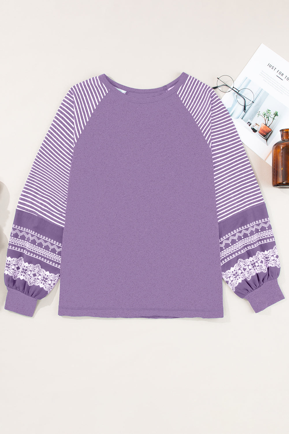 Mineral Red Contrast Print Striped Raglan Long Sleeve Loose Top