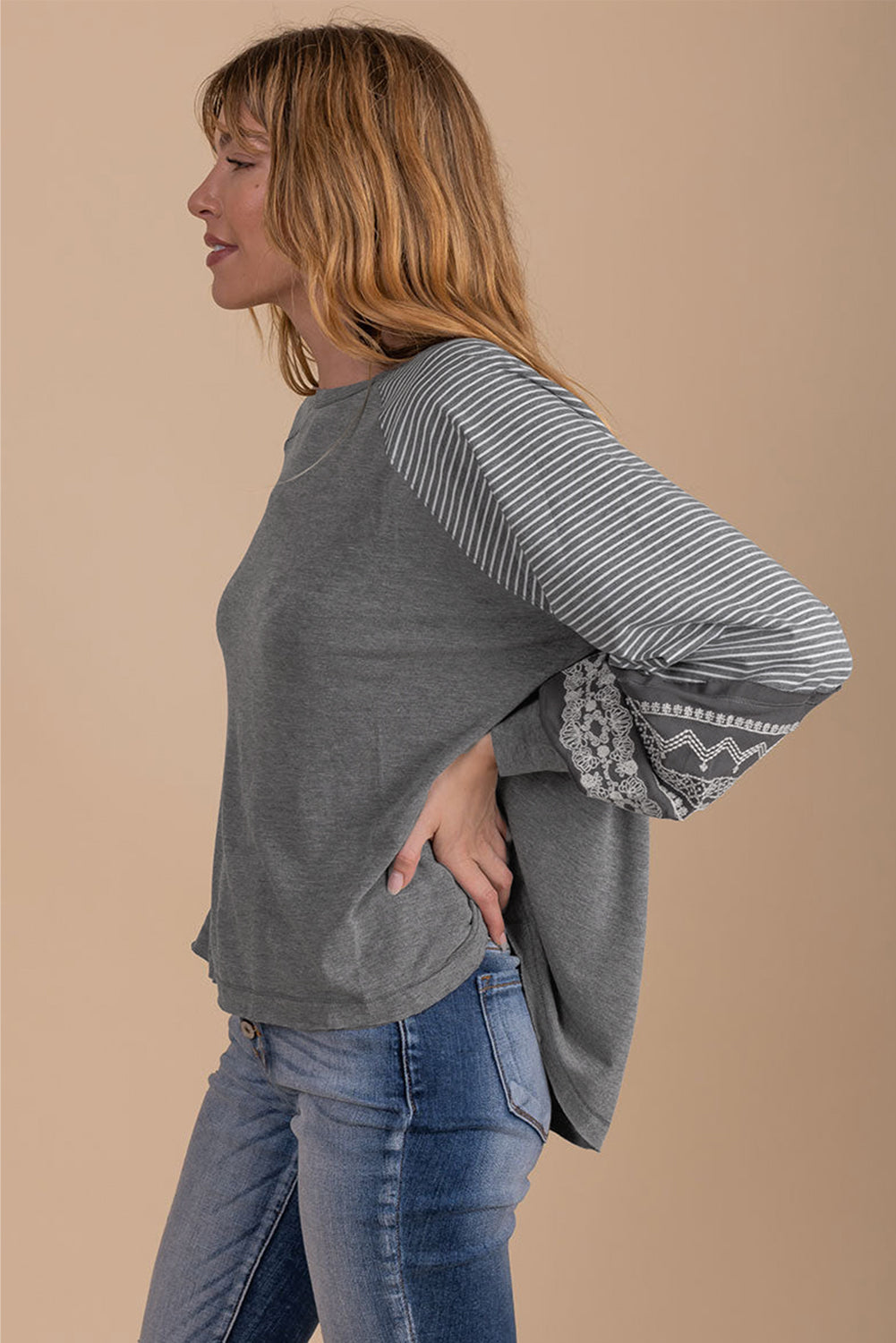Mineral Red Contrast Print Striped Raglan Long Sleeve Loose Top