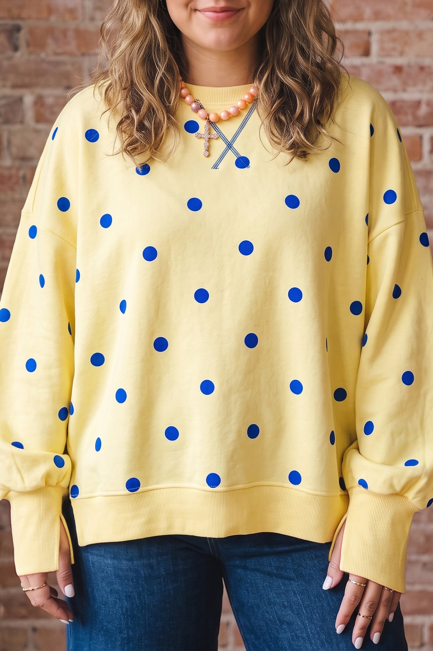 Beige Round Neck Long Sleeve Polka Dot Plus Size Top