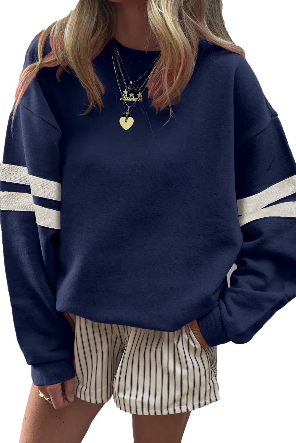 Orange Preppy Striped Sleeve Loose Sweatshirt