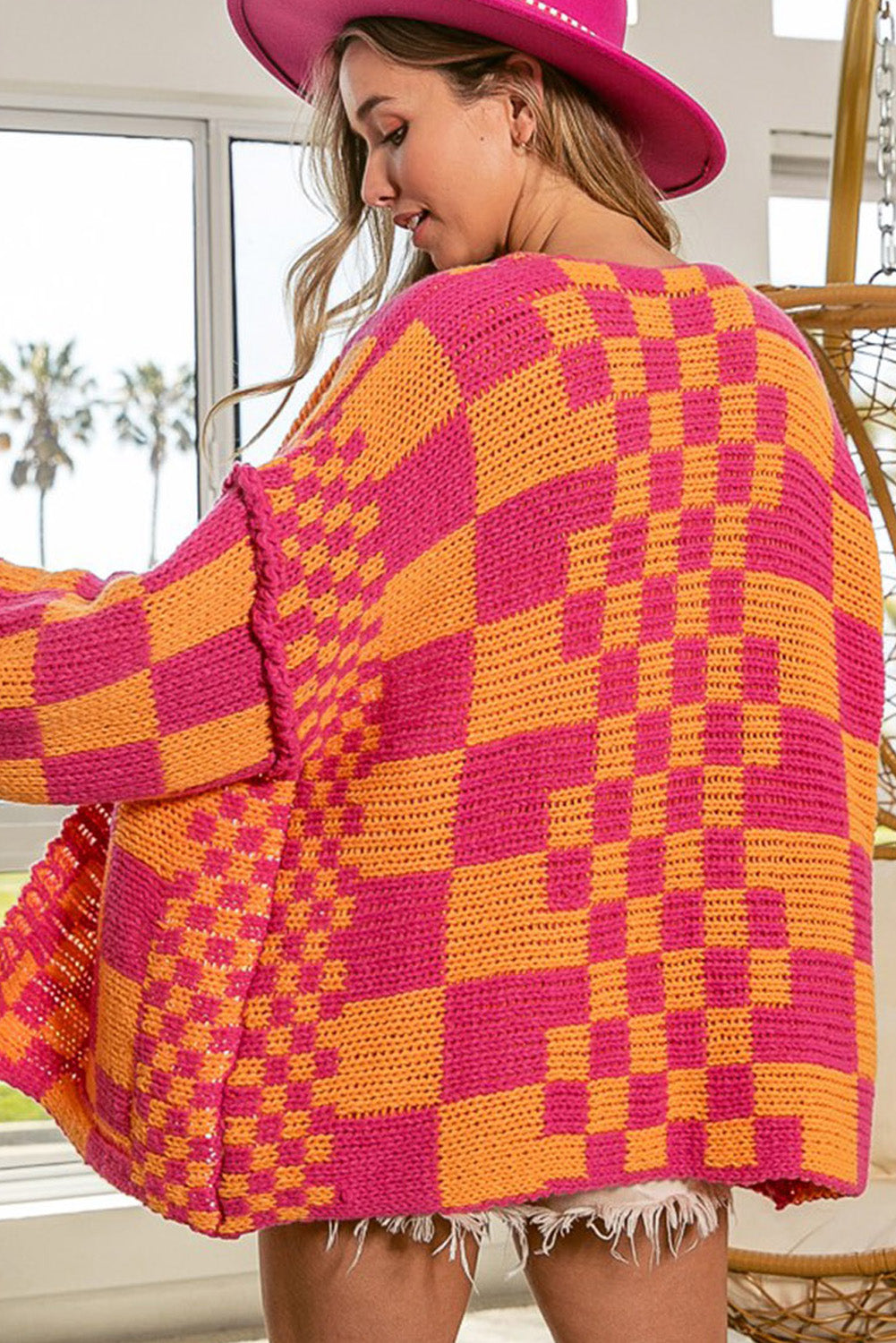 Smoke Gray Colorblock Checked Open Front Knitted Cardigan