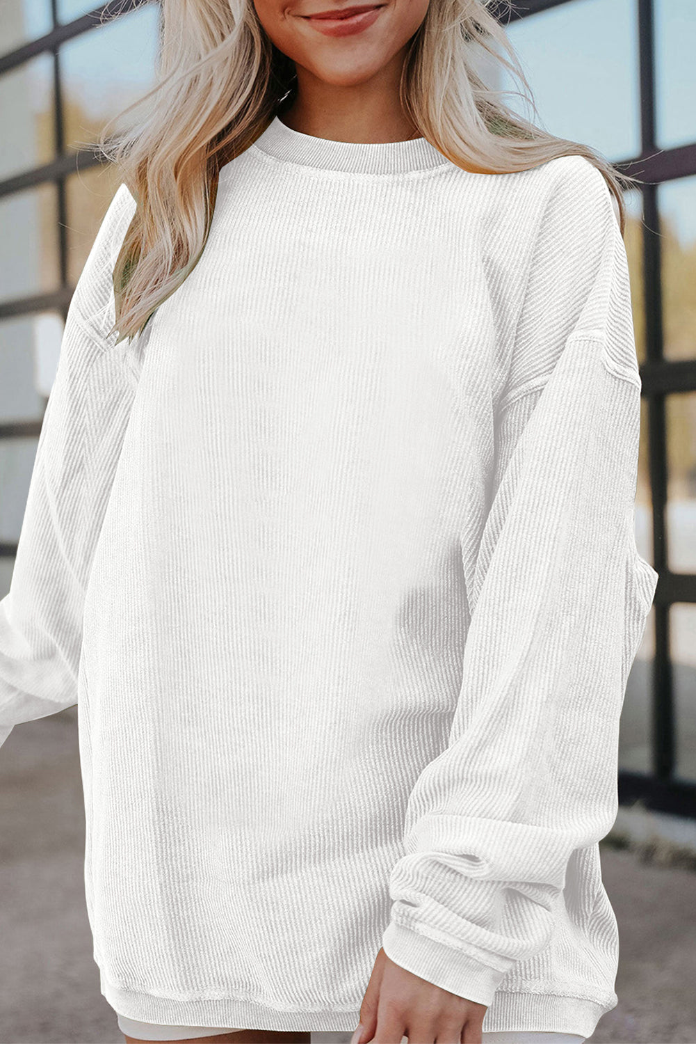 Smoke Gray Plain Drop Sleeve Crinkle Rib Oversized Sweatshirt