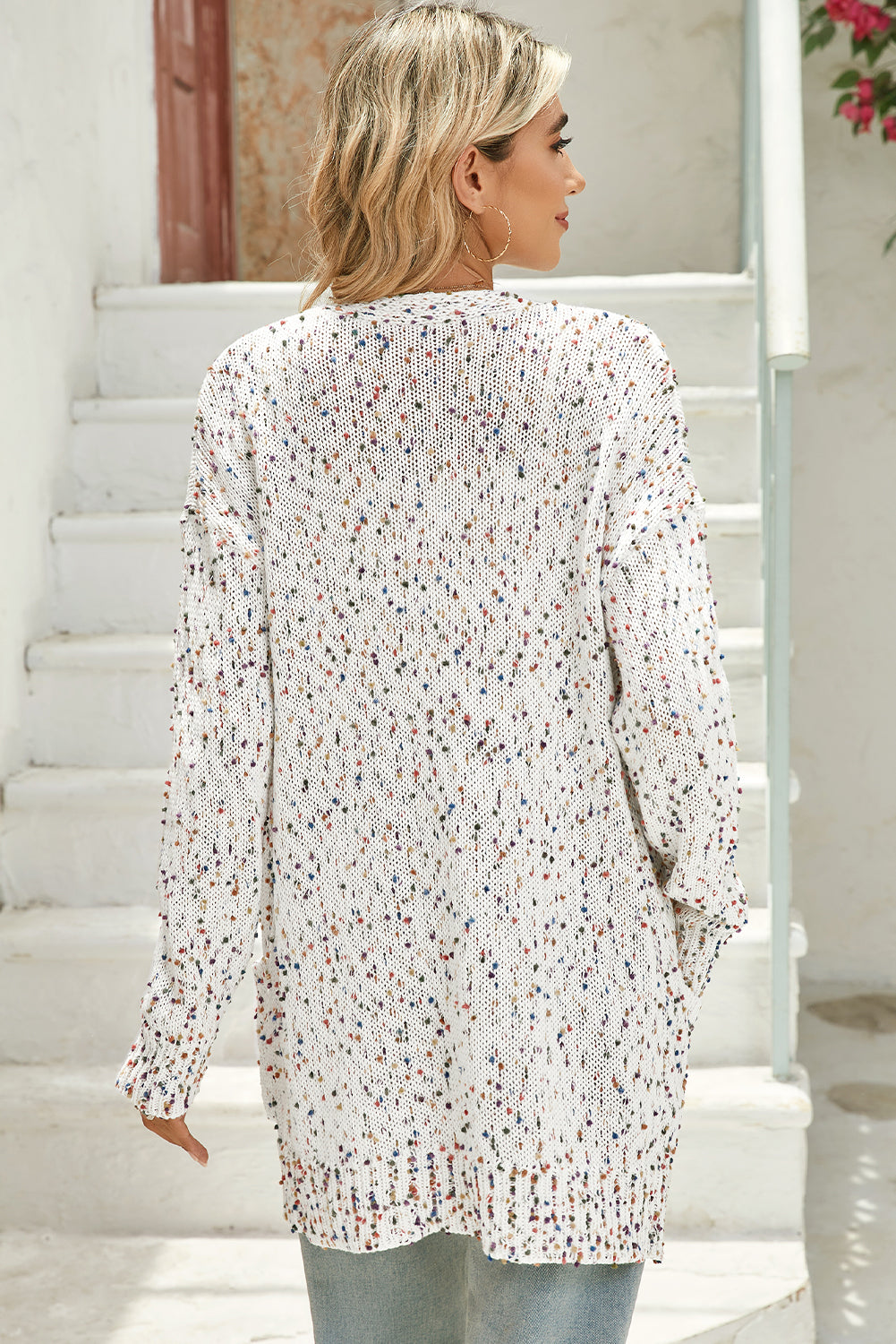 White Dotted Rib Knit Open Front Pocketed Cardigan