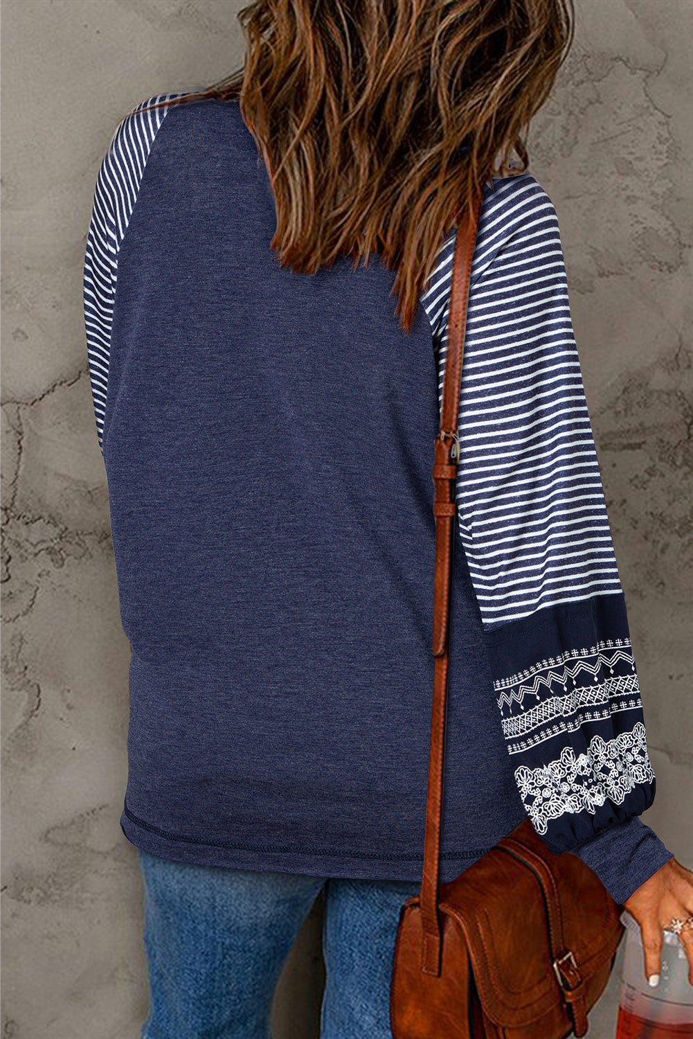 Mineral Red Contrast Print Striped Raglan Long Sleeve Loose Top