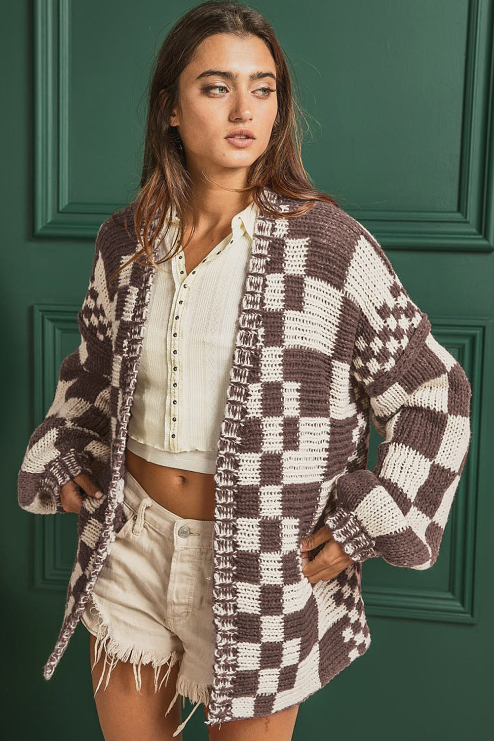 Smoke Gray Colorblock Checked Open Front Knitted Cardigan