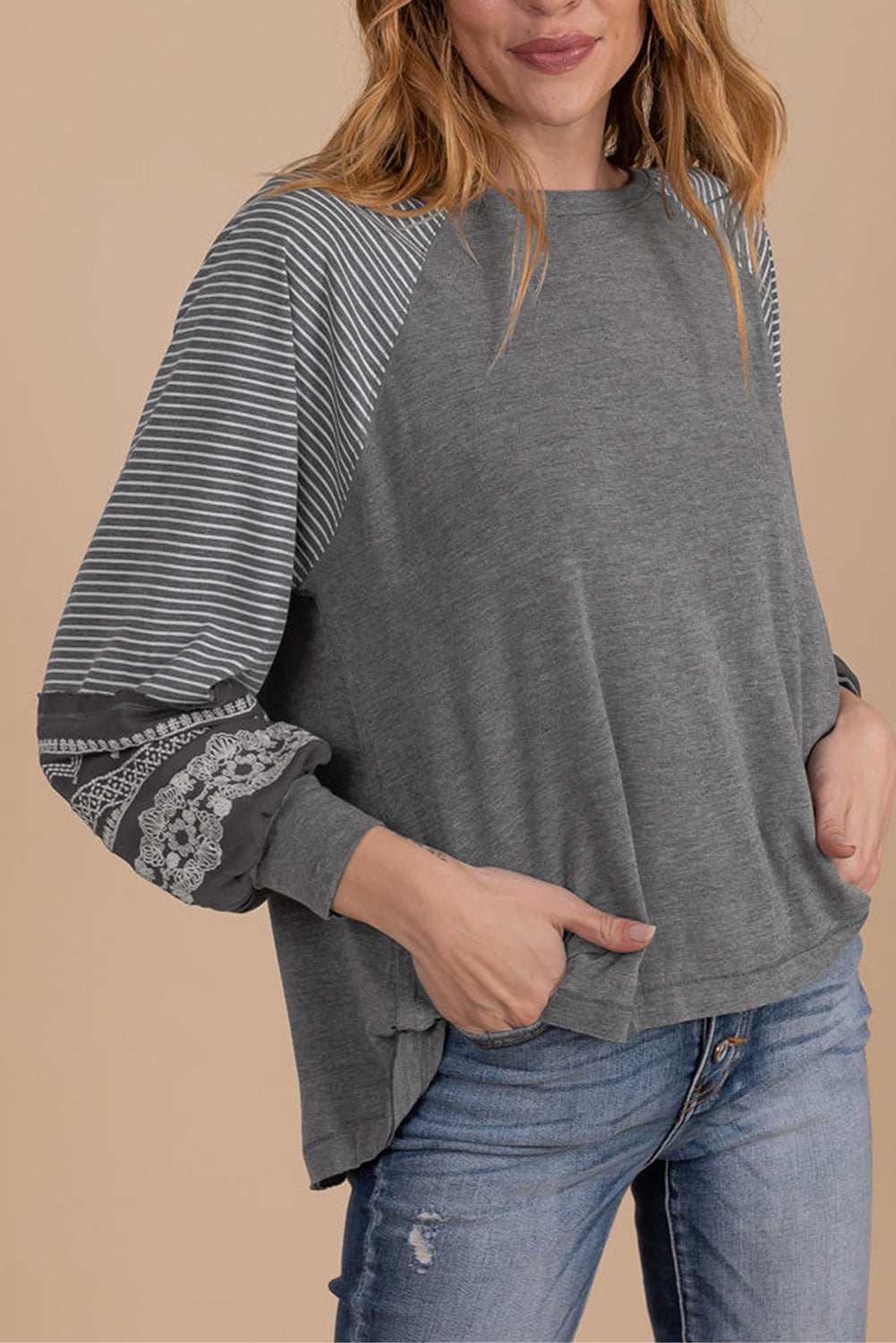 Mineral Red Contrast Print Striped Raglan Long Sleeve Loose Top
