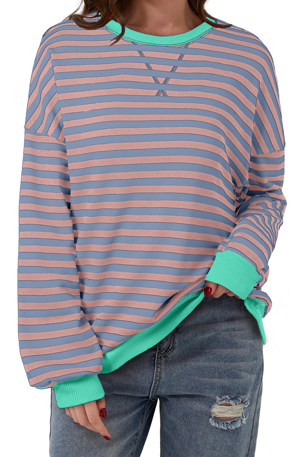 Blue Striped Contrast Trim Drop Shoulder Sweatshirt