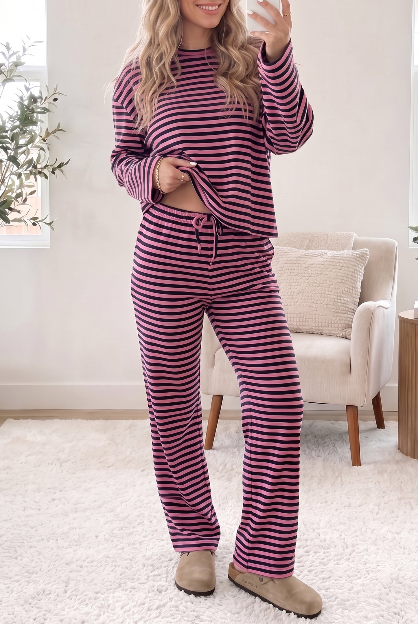 Pink Stripe Casual Long Sleeve Top Drawstring Pant Set