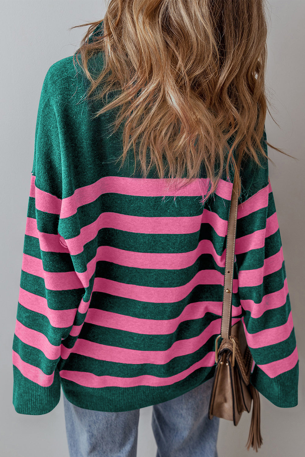 Green Striped Collared Quarter Zip Oversized Sweater