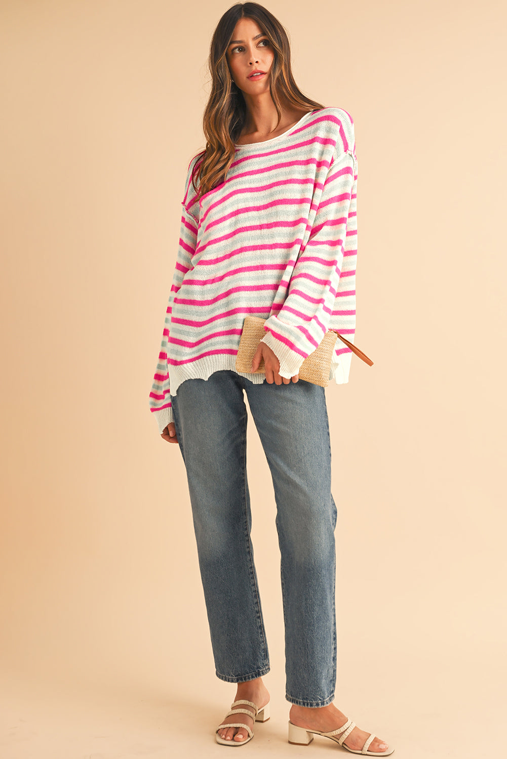 Rose Stripe Distressed Pocket Drop Sleeve Sweater