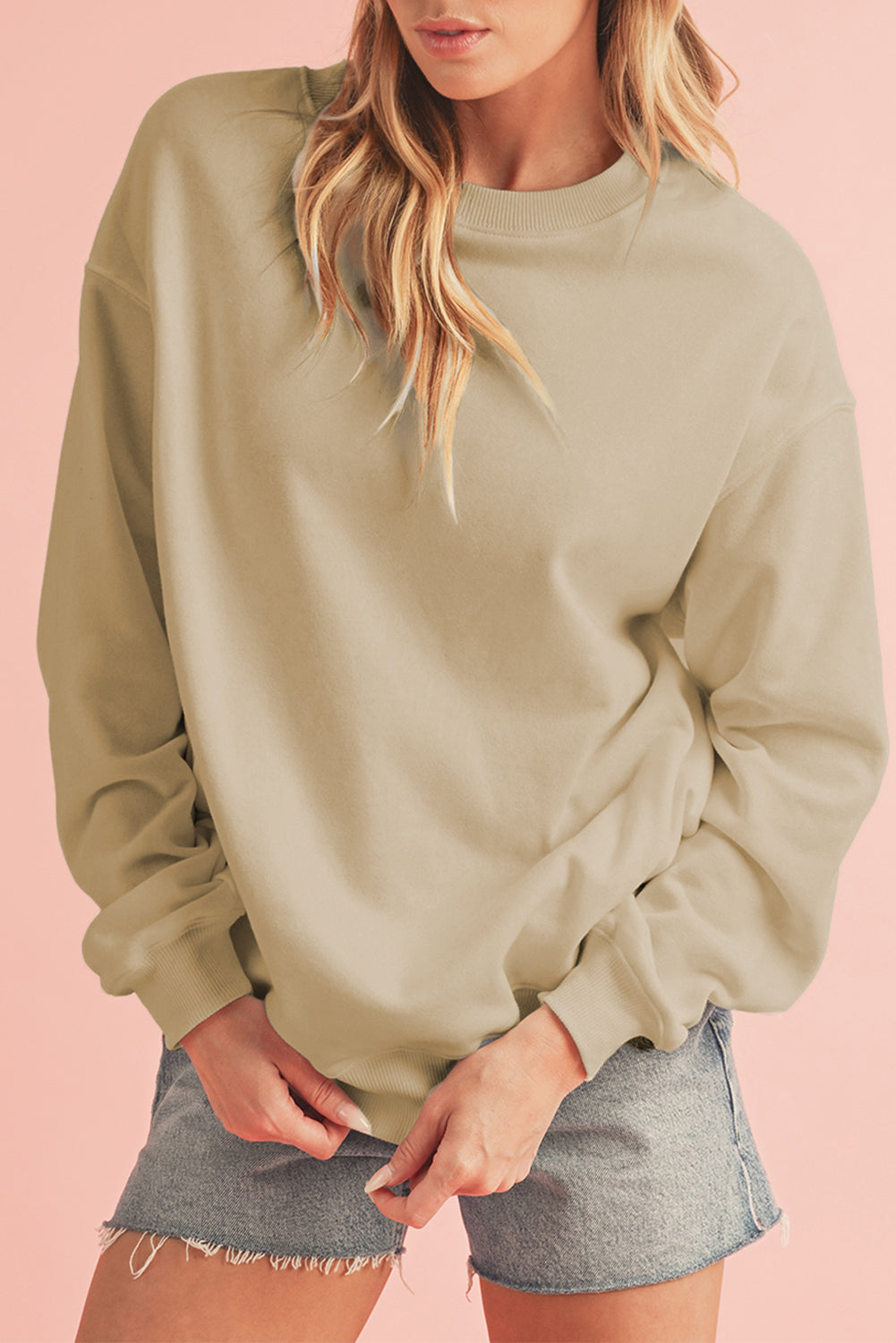 White Solid Loose Crew Neck Fleece Sweatshirt