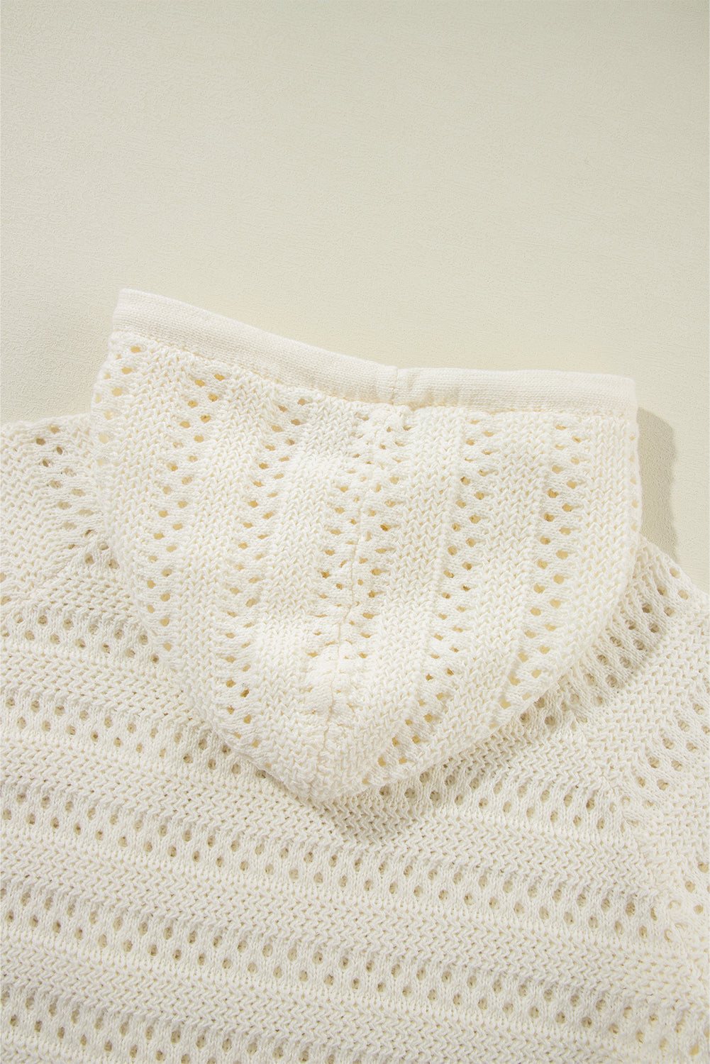 White Pointelle Knit Raglan Sleeve Drawstring Hooded Sweater