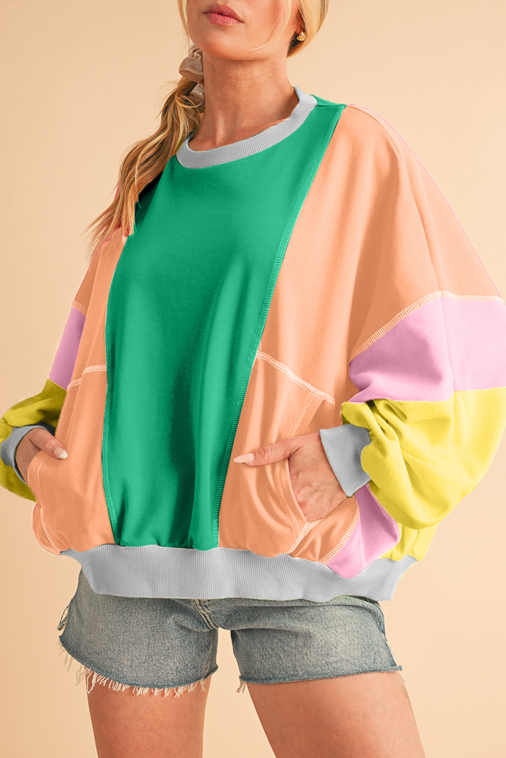 Grapefruit Orange Colorblock Patchwork Drop Shoulder Top